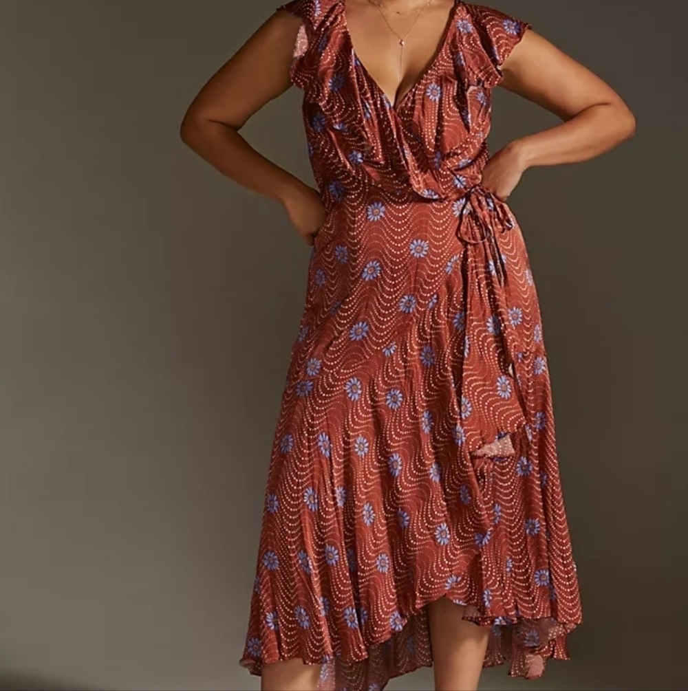 Anthropoligie Ruffle Sleeve Printed Wrap Flowy Maxi Dress Silky Finish Sz XL